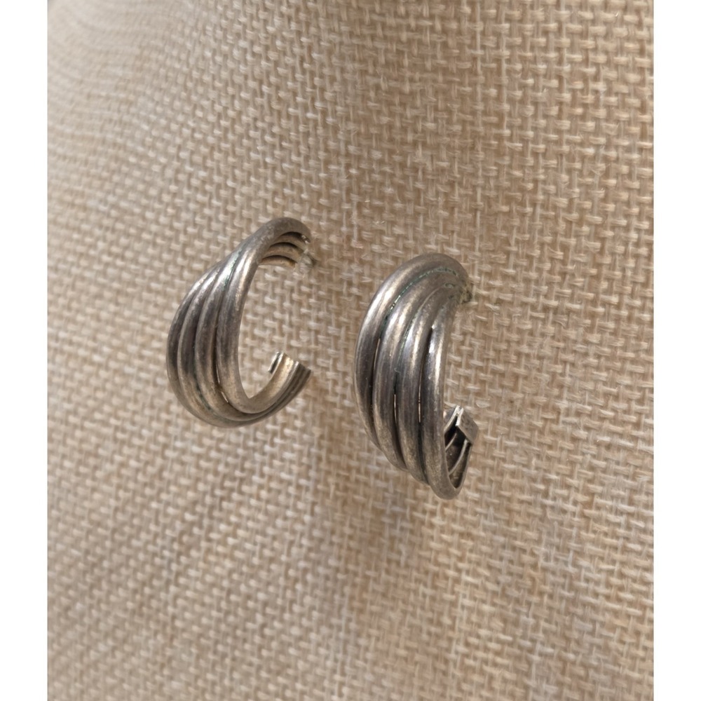 Vintage Sterling Silver Layered Ribbed Hoop Earrings 925‎